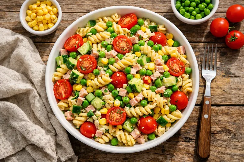Eine weiße Schüssel Nudelsalat mit Spirelli, Kirschtomaten, Erbsen, Mais, Gurke und Schinkenwürfeln auf einem Holztisch, daneben eine Gabel und ein Leinentuch.