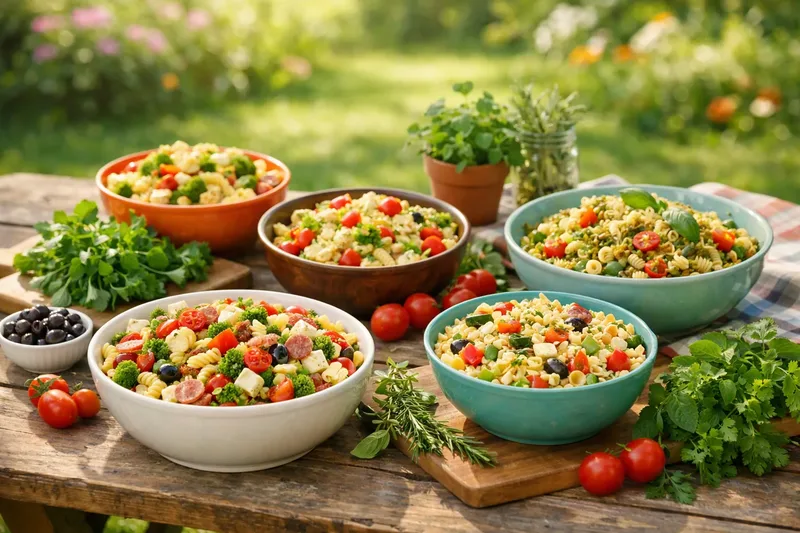 Mehrere bunte Schüsseln mit Nudelsalat auf einem Holztisch im Garten, dazwischen frische Kräuter und Kirschtomaten.